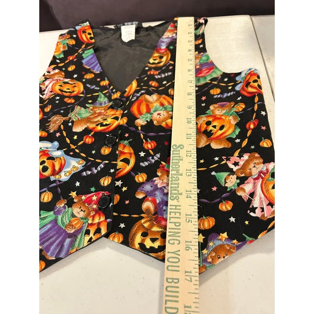 Vintage Halloween Vest Kids Large Black Corduroy Bear Pumpkin Retro Fall